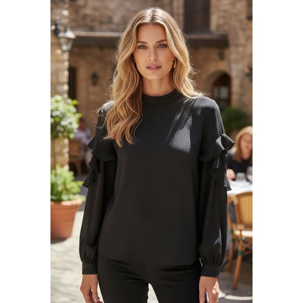EXPRESS Black Swiss Dot Blouse Ruffle Sleeve Sheer Textured Top L